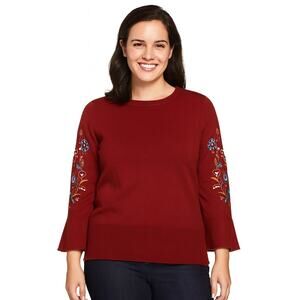 NWOT Belle by Kim Gravel Burgundy Embroidered Floral Bell Sleeve Sweater Size 8